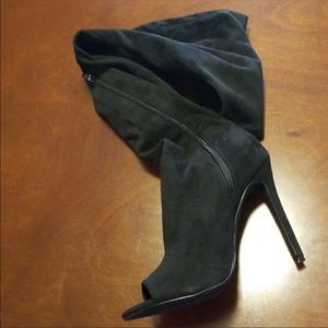 Thigh high black peep toe boots